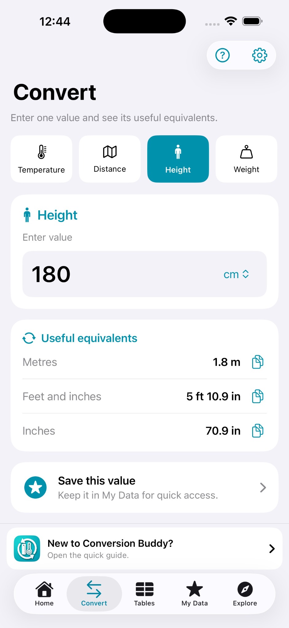 Conversion Buddy exact converter showing useful equivalents