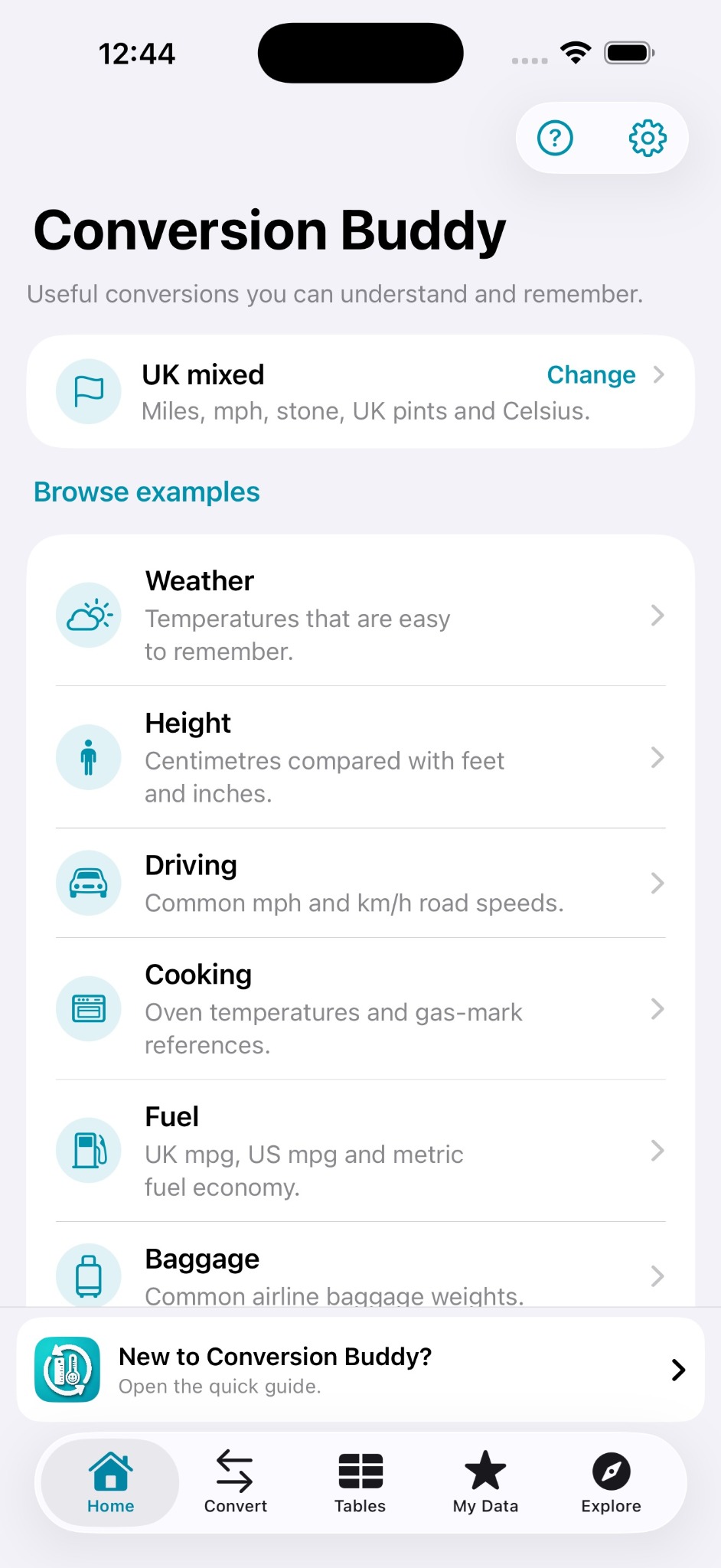 Conversion Buddy home screen with region profile and example categories